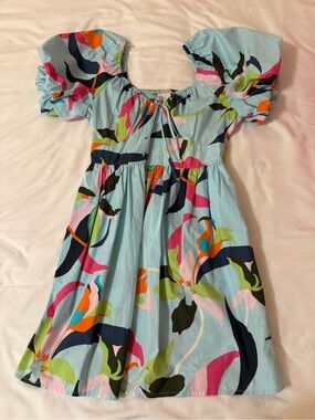 Women's Light Blue Floral Puff-Sleeve Dress